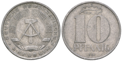 ГДР 10 пфеннигов 1967 А KM 10 алюминий 3459-651