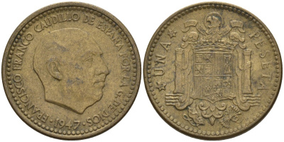 Испания 1 песета 1947 (52) Франсиско Франко (1939 - 1975) KM 775 алюминиевая бронза 4155-322