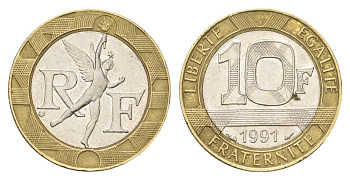 Франция 10 франков 1991 тип гений Бастилии KM 964.1, Le Franc 375.6 биметалл 4704-517