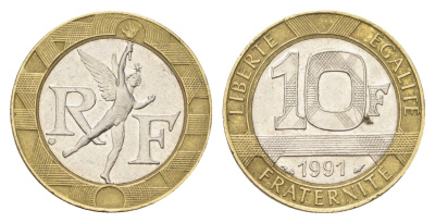 Франция 10 франков 1991 тип гений Бастилии KM 964.1, Le Franc 375.6 биметалл 4704-517