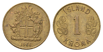 Исландия 1 крона 1966 KM 12a никель латунь aUNC 4691-442