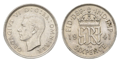 Великобритания 6 пенсов 1941 Георг VI (1936-1952) KM 852, Spink 4084 серебро 4392-1319