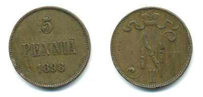 Россия для Финляндии 5 пенни 1898 Николай II (1894-1917) KM 15, Биткин 443 медь 4381-422