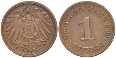 ГЕРМАНИЯ 1 ПФЕННИГ 1909 E KM 10, J. 10, Weege 2 медь 211-421