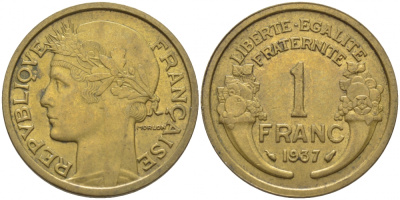 ФРАНЦИЯ 1 ФРАНК 1937 ТИП MORLON KM 885, LE FRANC 219.8 алюминиевая бронза 4448-317