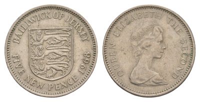 Джерси 5 новых пенсов 1968 герб, Елизавета II (1952-2022) KM 32 медно-никель 4656-1131