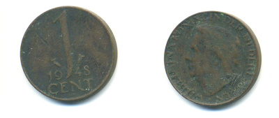 Нидерланды 1 цент 1948 Вильгельмина (1890-1948), год тип KM 175 бронза 83-915