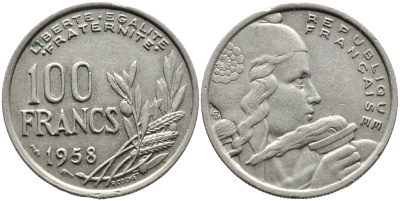 ФРАНЦИЯ 100 ФРАНКОВ 1958 КРЫЛО KM 919.1 медно-никель 4393-1225