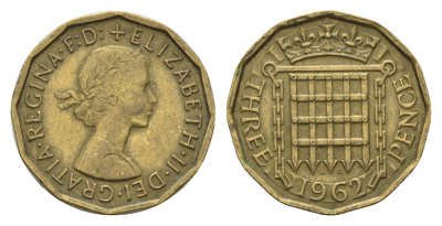 Великобритания 3 пенса 1962 Елизавета II (1952-2022) KM 900, Spink 4153 никель латунь 4707-221