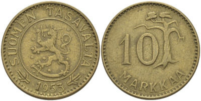 ФИНЛЯНДИЯ 10 МАРОК 1953 Н KM 38 алюминиевая бронза 100-227