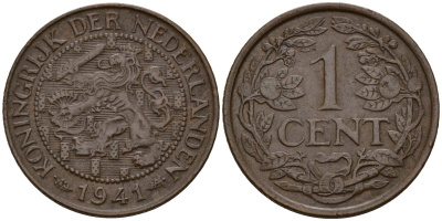 Нидерланды 1 цент 1941 Вильгельмина I (1890-1948) KM 152 бронза 4154-924