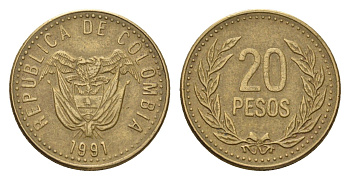 Колумбия 20 песо 1991 KM 282 алюминиевая бронза 4696-1227