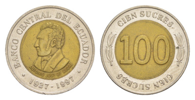 Эквадор 100 сукре 1997 70 лет Центробанку KM 101 биметалл UNC 4640-1252