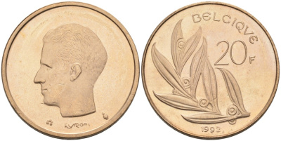 Бельгия 20 франков 1992 Belgique KM 159 никель бронза UNC 189-925