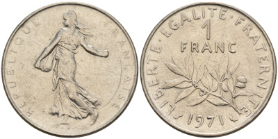 Франция 1 франк 1971 сеятель KM 925.1 никель    4153-441