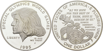 США 1 доллар 1995 W, специальные Олимпийские игры KM 266 серебро PROOF 1091-7-44