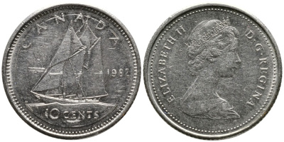 КАНАДА 10 ЦЕНТОВ 1982 ЕЛИЗАВЕТА II (1952-), ПАРУСНИК, ВТОРОЙ ПОРТРЕТ В КОРОНЕ KM 77.2 никель 4532-827