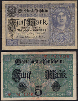 Германия 5 марок 1917 Pick 56a бумага 8602-42-3-1