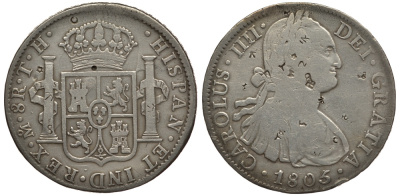 МЕКСИКА 8 РЕАЛОВ 1805 TH, КАРЛ IV, надчеканка Юго-Восточная Азия KM 109 серебро 06-273-33