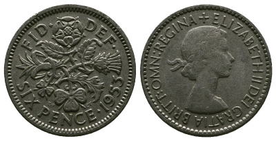 Великобритания 6 пенсов 1953 Елизавета II (1952-2022) KM 889, Spink 4141 889 медно-никель 4381-635
