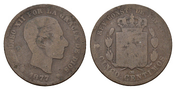 Испания 5 сентимо 1877 OM, Альфонсо XII (1874-1885) KM 674 бронза 4703-326