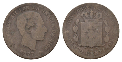Испания 5 сентимо 1877 OM, Альфонсо XII (1874-1885) KM 674 бронза 4703-326