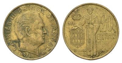 Монако 20 сантимов 1974 Ренье III (1949-2005) KM 143 медь алюминий никель 53-324