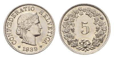 Швейцария 5 раппенов 1939 B KM 26b никель UNC 46-1021