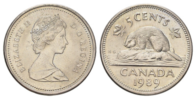 Канада 5 центов 1989 Елизавета II (1952-2022), бобр KM 60.2a медно-никель UNC 4689-433