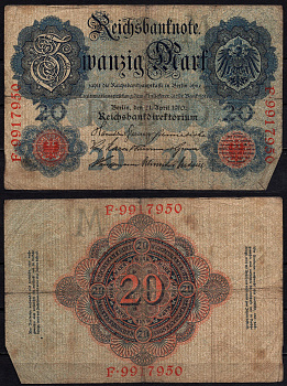 Германия 20 марок 1910 Pick 40 b бумага 6293-31-2-2