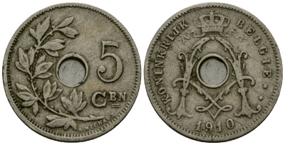 Бельгия 5 сантимов 1910 Belgie KM 67 медно-никель 4173-166