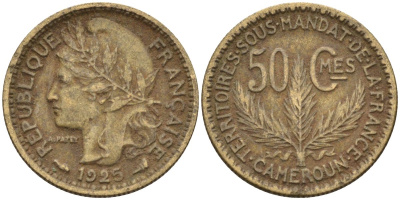 Французский Камерун 50 сантимов 1925 (а), монетный двор Париж KM 1 алюминиевая бронза 4164-1212