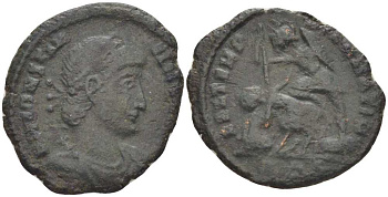 Римская Империя центенионалий 354 - 355 Констанций II, D N CONSTANTIVS P F AVG / император, поражающий персидского всадника, FEL TEMP REPARATIO биллон 1073-17-95