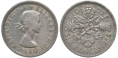Великобритания 6 пенсов 1958 Елизавета II (1952-2022) KM 903, Spink 4149 медно-никель 4122-617