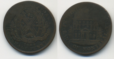 КАНАДА 1/2 ПЕННИ 1844 ТОКЕН, БАНК МОНРЕАЛЯ медь 41-634
