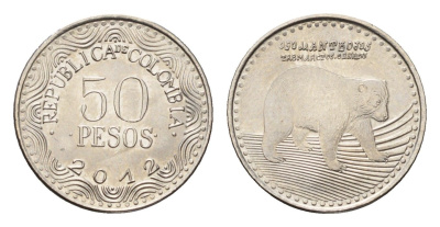 Колумбия 50 песо 2012 KM 295 сталь плакированная никелем UNC 4696-1248