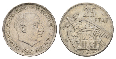 Испания 25 песет 1957 (69) Франсиско Франко (1939-1975) KM 787 медно-никель 4707-356