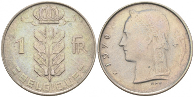 БЕЛЬГИЯ 1 ФРАНК 1970 BELGIQUE KM 142.1 медно-никель 68-634