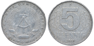 ГДР 5 пфеннигов 1968 A KM 9.1 алюминий 62-214