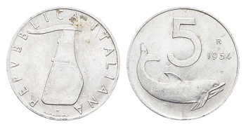 Италия 5 лир 1954 R, дельфин KM 92 алюминий aUNC 4705-613