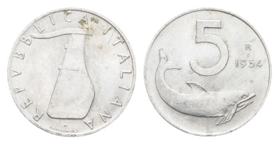 Италия 5 лир 1954 R, дельфин KM 92 алюминий aUNC 4705-613