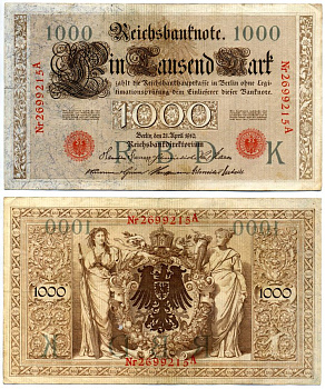 Германия 1000 марок 1910 21 апреля 1910, красная печать, номер семизначный, серия A, буква К, выпуск СЕНТЯБРЬ - ДЕКАБРЬ 1917 Pick 44, Роземберг 45b бумага VF- 2194-23-2-1