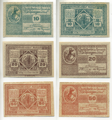 Австрия набор из 3 банкнот 1920 1 мая 1920-31 декабря 1920, нотгельд, 10, 20, 50 геллеров, ST. GEORGEN am YBBSF   бумага  aUNC  7555-3-3-1