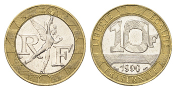 Франция 10 франков 1990 тип гений Бастилии KM 964.1, Le Franc 375.5 биметалл 4704-515