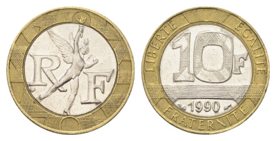 Франция 10 франков 1990 тип гений Бастилии KM 964.1, Le Franc 375.5 биметалл 4704-515