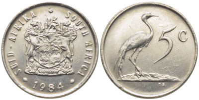 ЮАР 5 центов 1984 герб, райский журавль KM 84 никель UNC 105-1033