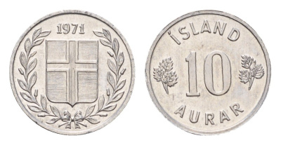 Исландия 10 эйре 1971 KM 10a алюминий UNC 4690-733