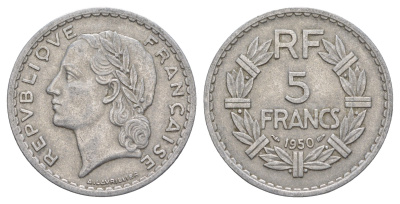 Франция 5 франков 1950 KM 888b алюминий 4385-346