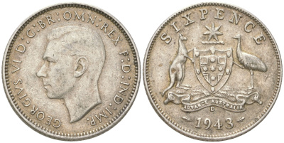 Австралия 6 пенсов 1943 D, Георг V (1936-1952) KM 38 серебро 4623-232
