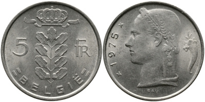 Бельгия 5 франков 1975 Belgie, Бодуэн I (1951-1993) KM 135.1 медно-никель 98-611